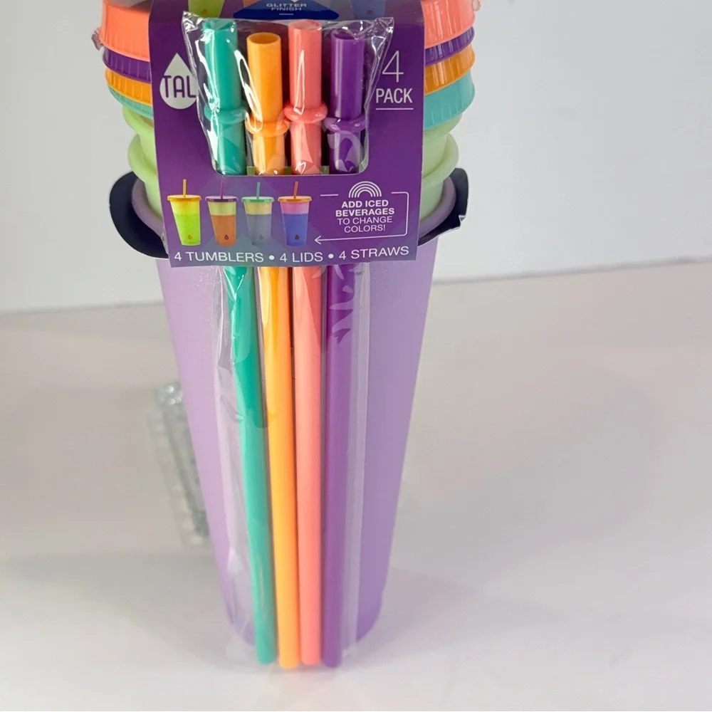 🆕 TAL 4pc Color Changing 24oz Glitter Tumbler Set w/ Straws